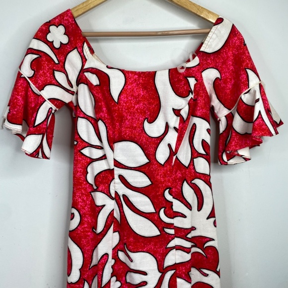 VTG Kimos Polynesian Shop Maxi Dress 8 Red Floral Flutter Sleeve Hawaiian Made - Picture 2 of 14